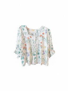 Laura Ashley Cream Floral Cottage Scoop-Neck Peasant Blouse with Green Leaves
